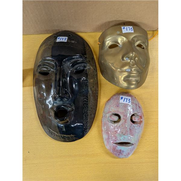 Lot of masks, 2 pottery, 1 brass