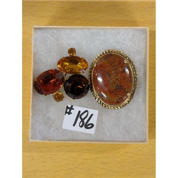 Gold and amber rhinestone broach/ agate and gold tone broach