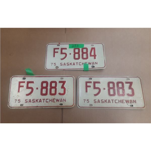 (3) 1975 Saskatchewan License Plate. (One is In Pair)