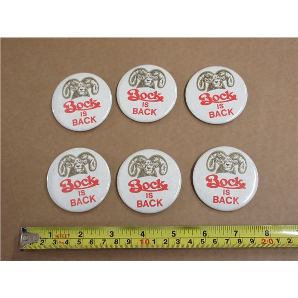 (6) Vintage 1984 Labatt's "Bock IS BACK" pin-back buttons, featuring a ram graphic commonly used to 