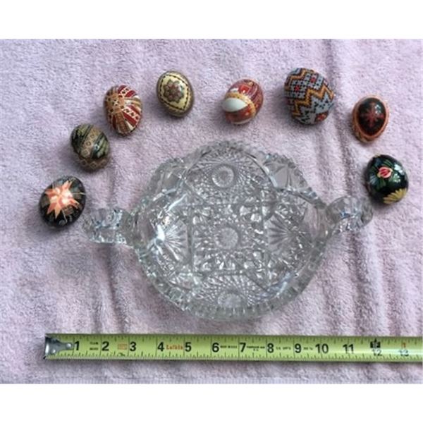 Ukrainian Easter eggs in a thick glass dish
