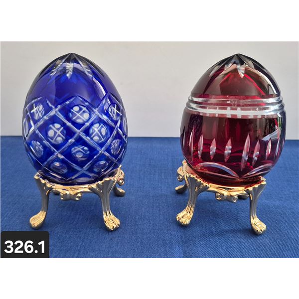 326. Pair of Bohemian Cut Glass Eggs - 24k Gold-plated stand. From large collection.