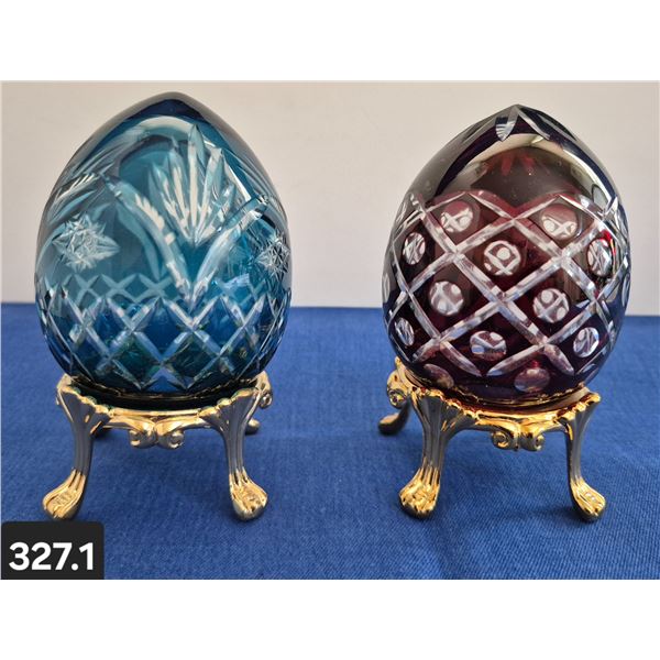 327. Pair of Bohemian Cut Glass Eggs - 24k Gold-plated stand. From large collection.