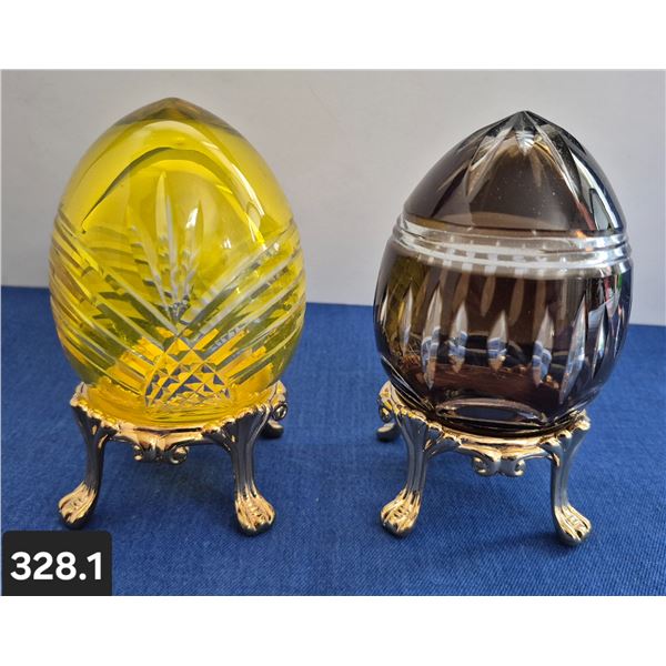 328. Pair of Bohemian Cut Glass Eggs - 24k Gold-plated stand. From large collection.