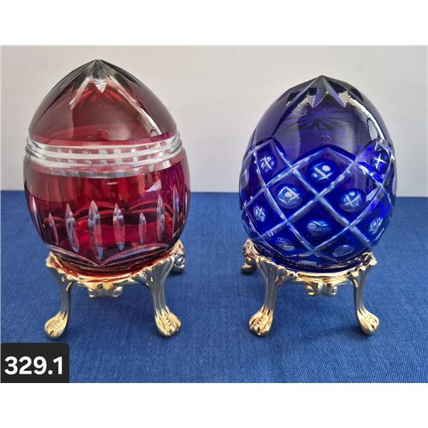329. Pair of Bohemian Cut Glass Eggs - 24k Gold-plated stand. From large collection.
