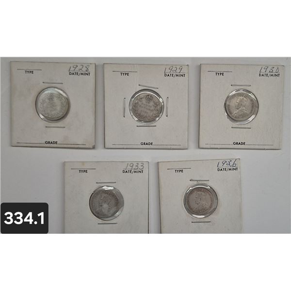 334. 5 Silver Cdn. Dimes - 1928, 1929, 1930, 1933, 1936 - 10 cent coins