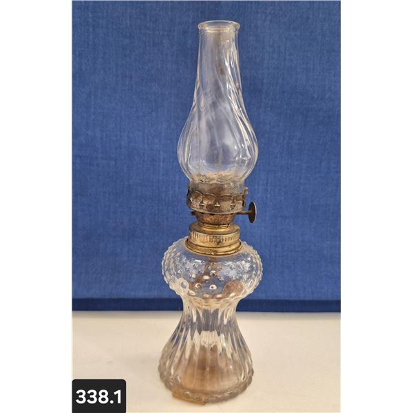 338. 1930s Bead and Petal Miniature Oil Lamp, with original chimney