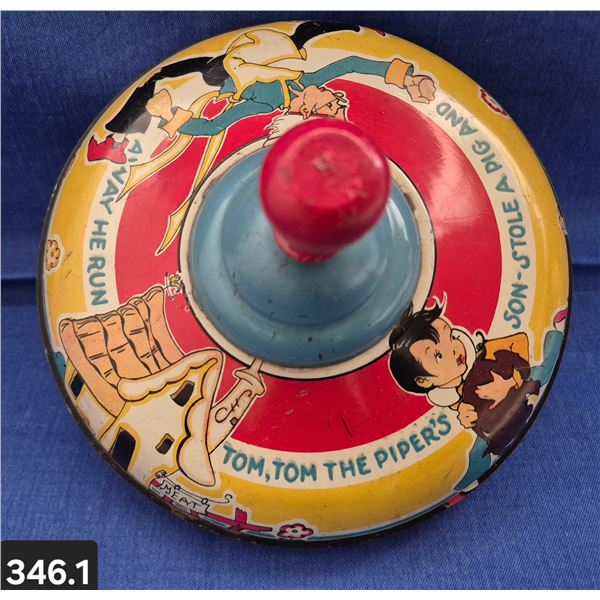 346. 1940's/1950's Tin Spinning Top - Ohio Art, USA - great graphics! - "Tom, Tom the Piper's Son"