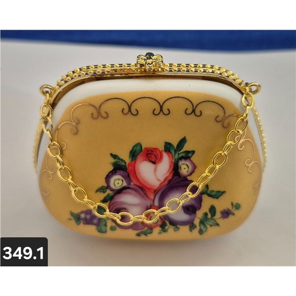 349. Porcelain Miniature Purse (handbag) - 24k gold-plated trim - hand-decorated, 3 inches across