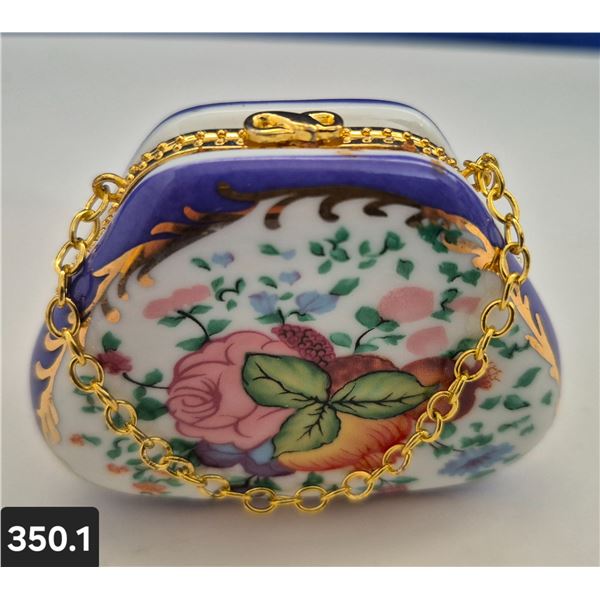 350. Porcelain Miniature Purse (handbag) - 24k gold-plated trim - hand-decorated, 3 inches across