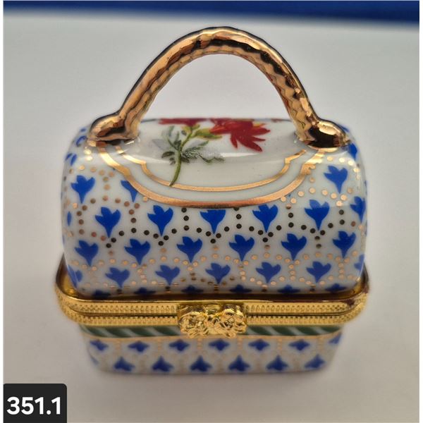 351. Porcelain Miniature Purse (handbag) - 24k gold-plated trim - hand-decorated, 2 1/4 inches acros