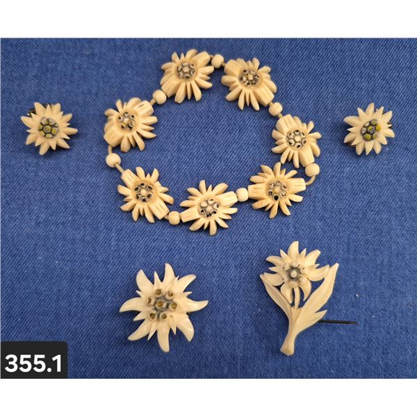 355. Vintage Carved Bone "Edelweiss" 5-Piece set of jewelry - Bracelet, earrings, brooch, pin