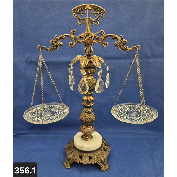 356. MCM "Hollywood Regency" Scales of Justice - 1960s/70s - brass, marble, glass, 20 inches tall, g