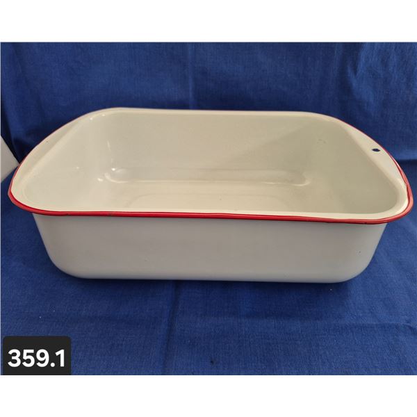 359. Large Red & White Trimmed Enamelware (granitware) Wash Basin - Incredible condition! Hole to ha