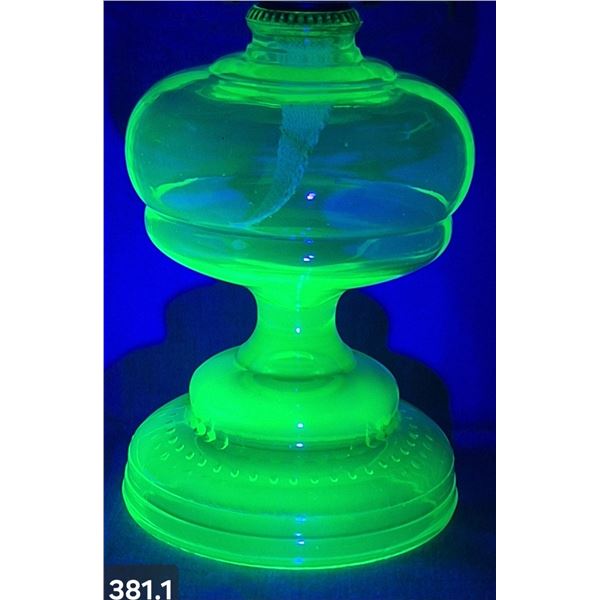 381. Uranium Glass - Original 1920's/1930's Depression Glass Oil Lamp - Perfect Conditon - rare patt