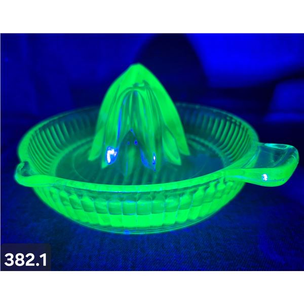 382. Uranium Glass - Original Depression Glass Juicer - Chip on underside rim, no cracks, doesn't sh