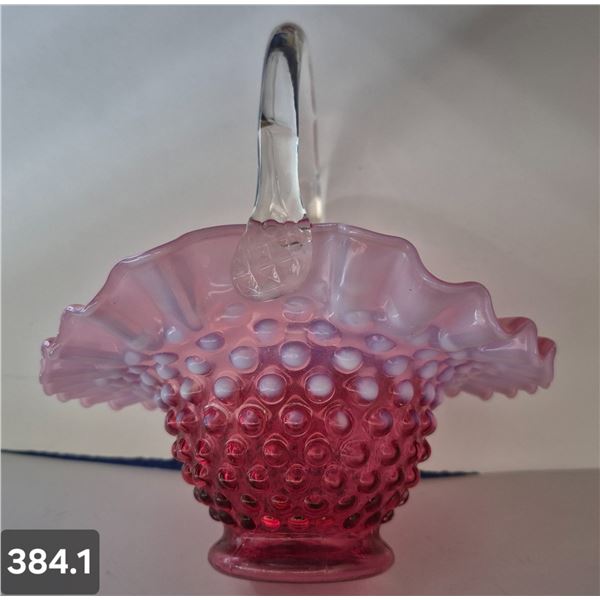 384. Original Fenton Cranberry Opalescent Glass Basket - 7x8 inches - no damage!
