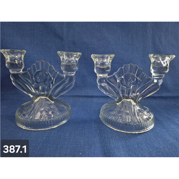 387. Pair of Iris & Herringbone Depression Glass Double Candle Holders - no damage!