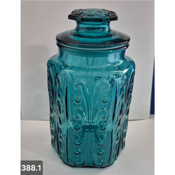 388. Large Teal Blue MCM Kitchen Cannister with Lid - 9 1/2 inches - no damage!