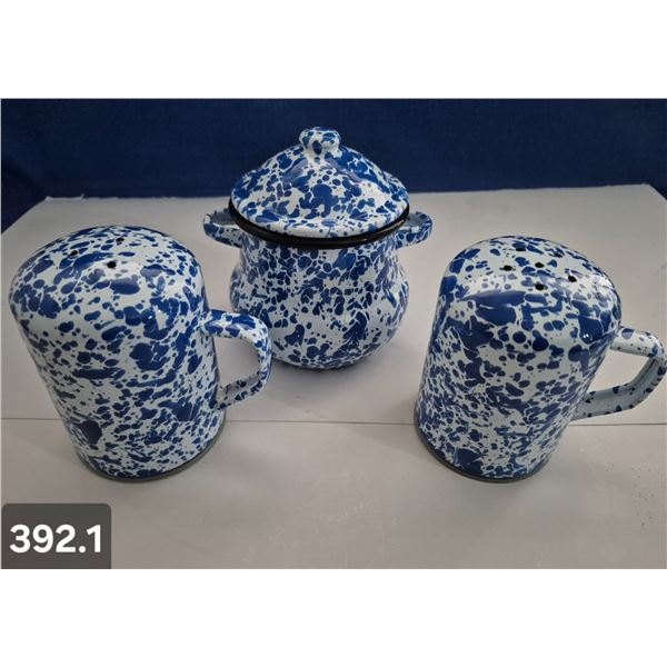 392. Set of 3 Blue & White Condiments Enamelware (graniteware) - 1 has a chip, see pics, otherwise e