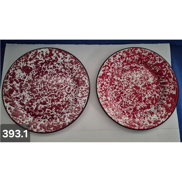 393. Set of 2 Red & White Enamelware (graniteware) Plates (shallow bowls) - 10 inches, great shape