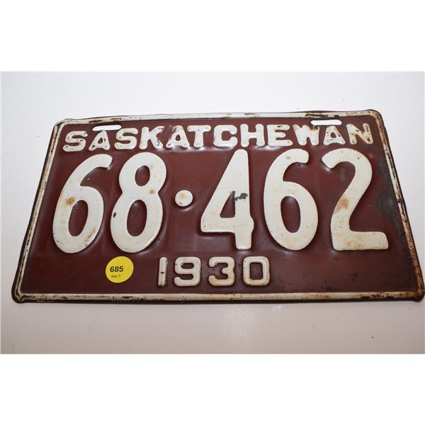 1930 Sask License Plate