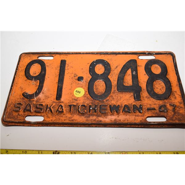 1947 Sask License Plate