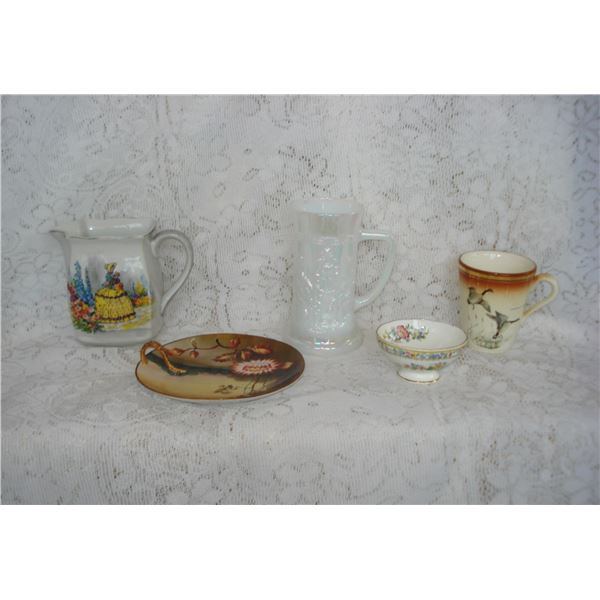 Vintage Glassware Lot  Hycroft  Noritake  Irridescent Milk Glass Stein Etc