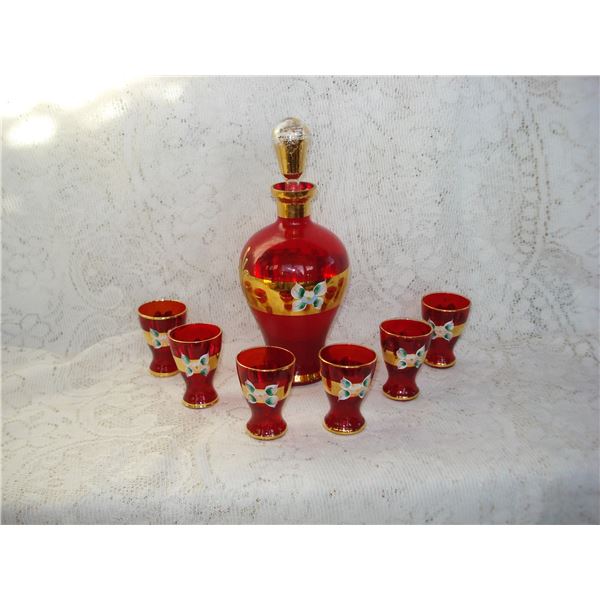 Vintage Red Decanter Set.  Age Consistent Wear On Stopper