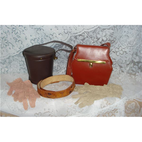 Accessories Lot   Small Tooled Belt  2 Vintage Purses Nice Condition   2 Pr ladies Lace Trimmed Glov