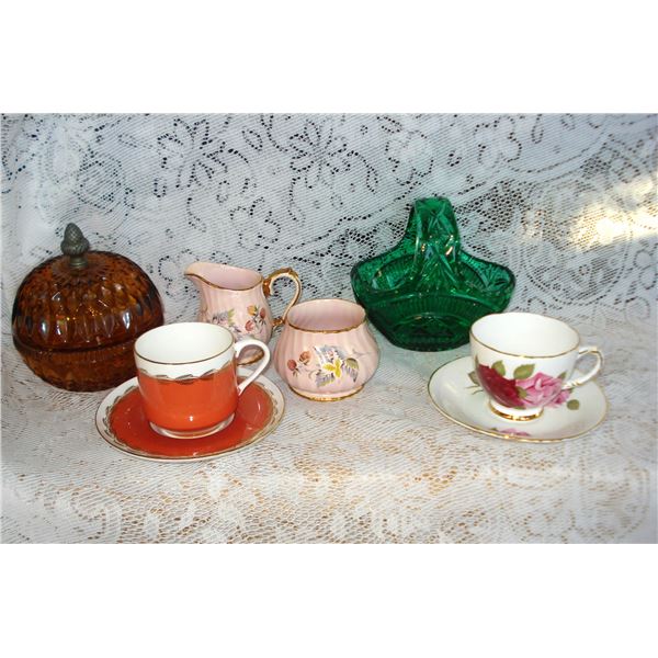 Assorted Glassware  Teacups  Basket Etc