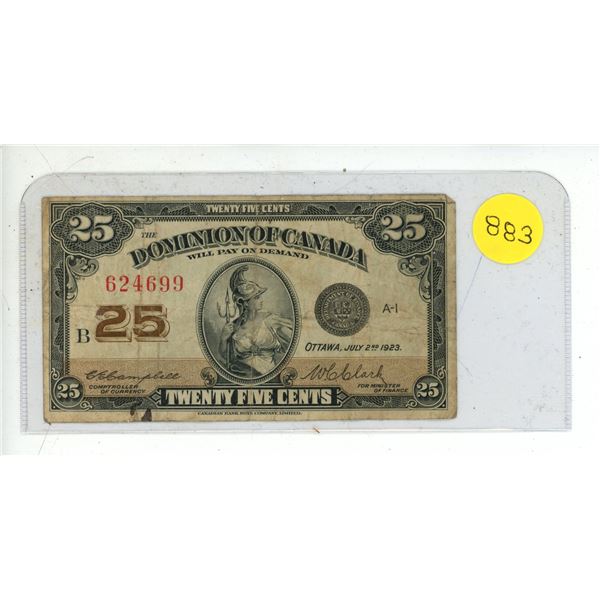 1923 Dominion of Canada 25 Cents Shinplaster.