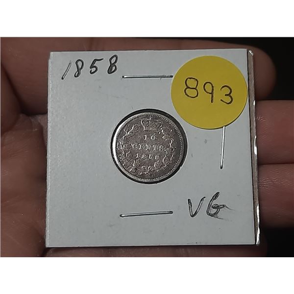 1858 Canada Silver 10 Cents.