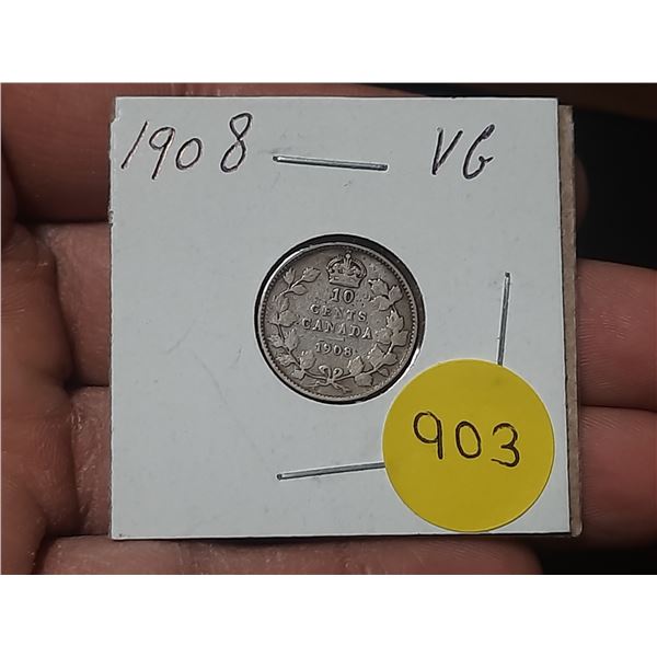1908 Canada Silver 10 Cents.