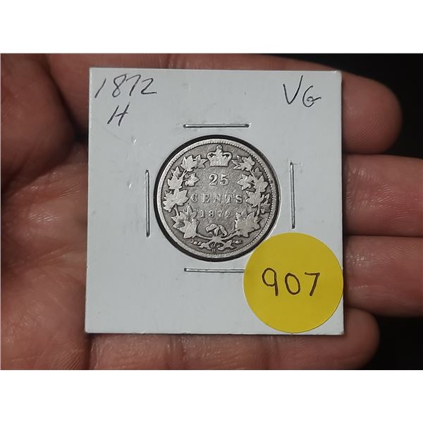 1872 H Canada Silver 25 Cents.