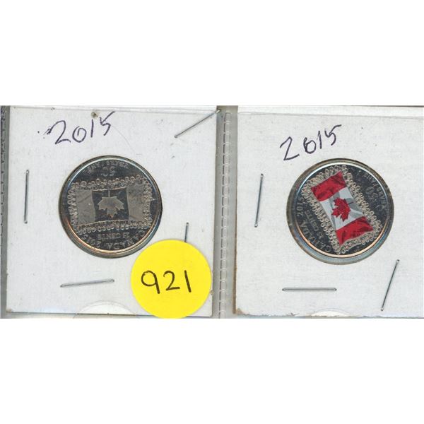 2015 Canadian Flag 50th Anniversary 25-cent commemorative coins - Coloured and Uncoloured.