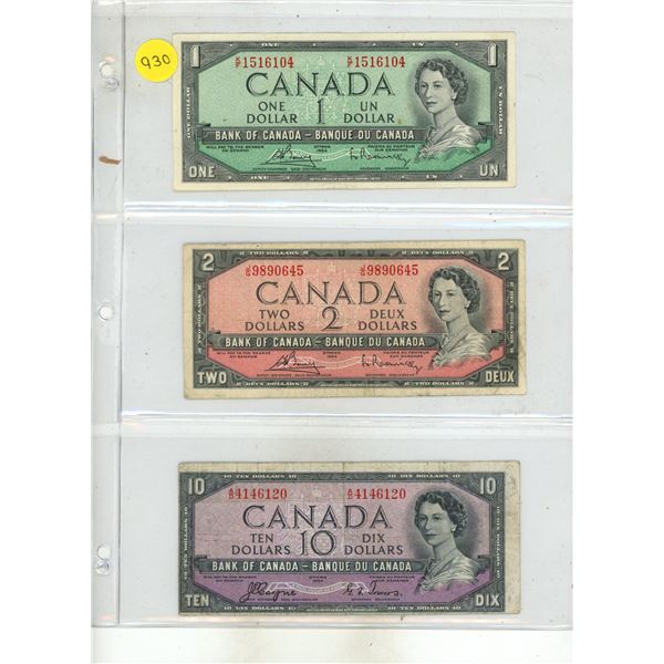 1954 Bank of Canada One, Two and Ten Dollars.