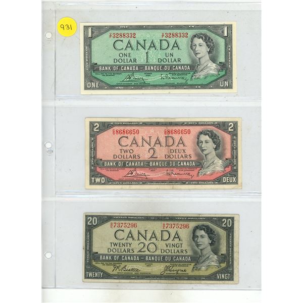 1954 Bank of Canada One, Two and Twenty Dollars.
