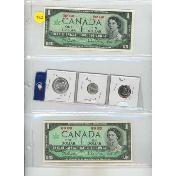 (2) 1967 Bank of Canada One Dollars & 1967 Canada 25 Cents Silver, 10 Cents Silver Cents and 10 Cent