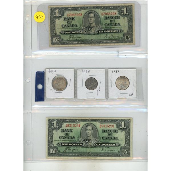 (2) 1937 Bank of Canada One Dollars & (2) 1937 Canada 25 Cents Silver and 1937 Canada 5 Cents - Dot 