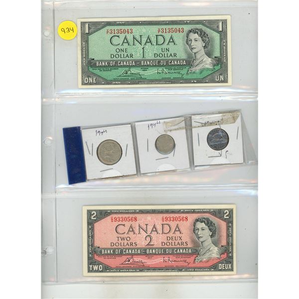 1954 Bank of Canada One, Two Dollars & 1954 Canada 25 Cents Silver, 10 Cents Silver and 5 Cents.