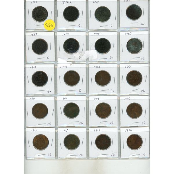Sheet of Canada Large One Cents. (Total 20 Coins) (It includes 1859, 1976, 1881, 1884, 1888, 1893, 1