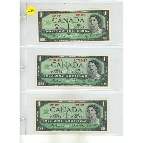 (3) 1967 Bank of Canada One Dollars.