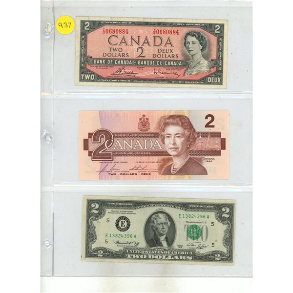 1954, 1986  Bank of Canada Two Dollars and 1976 U.S.A. Two Dollars.