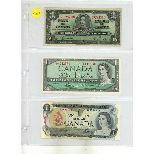 1937, 1954, 1973 Bank of Canada One Dollars.