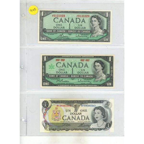 1954, 1967, 1973 Bank of Canada One Dollars.