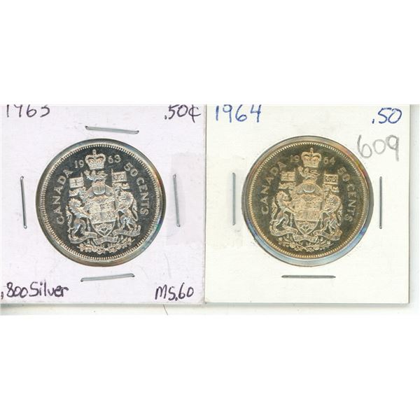 Canada 1963, 1964 Half Dollars .800 Silver M.S.60