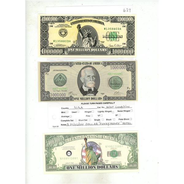 U.S.A. 3 Million Dollar "Funny Money" Bank-Notes Mint Condition