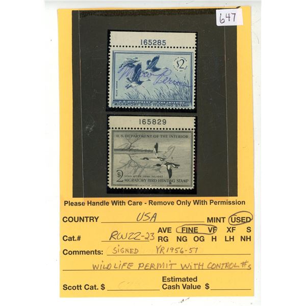 U.S.A. RW 22, 23 Wildlife Hunting Permit Signed With Control #s YR1956-57