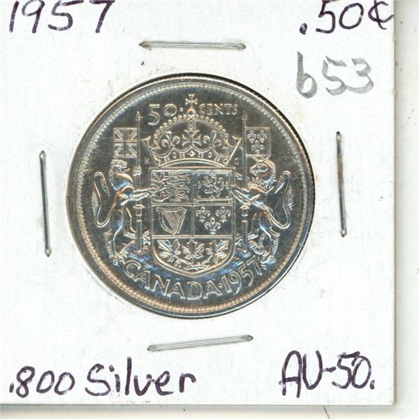 Canada 1957 Half Dollar A.U.50 .800 Silver